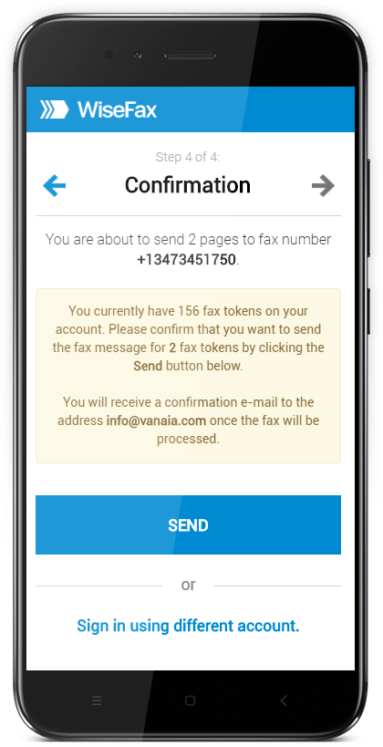 Upload a document for faxing - WiseFax Confirmation Mobile Screen