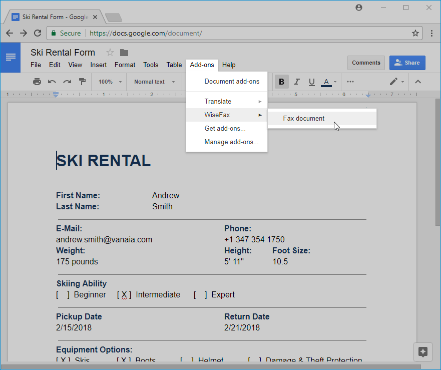 How to send fax from Google Docs