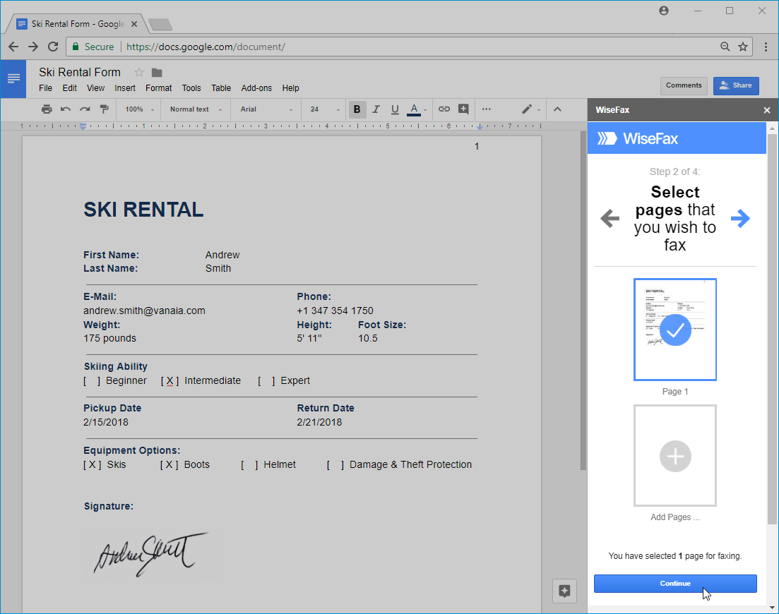 WiseFax add-on for Google Docs