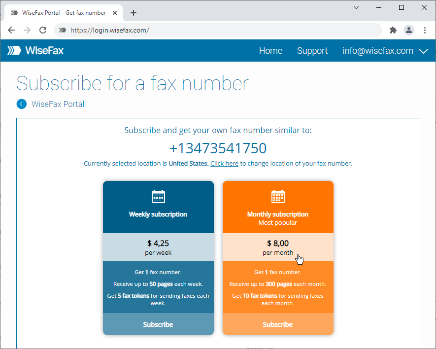 WiseFax fax to email service - Get fax number now