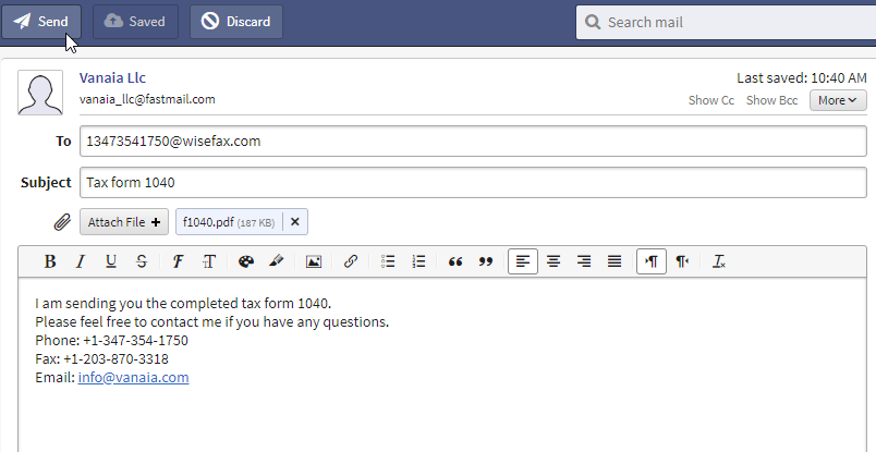 Send fax using FastMail