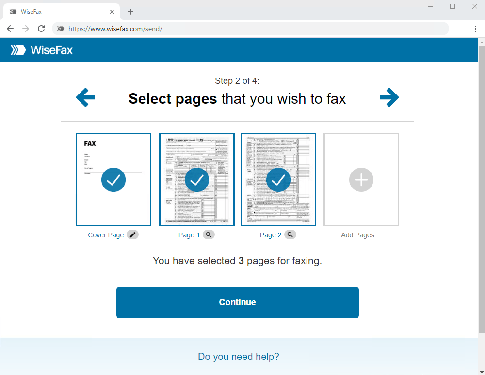 Fax online solution WiseFax: Select pages for faxing