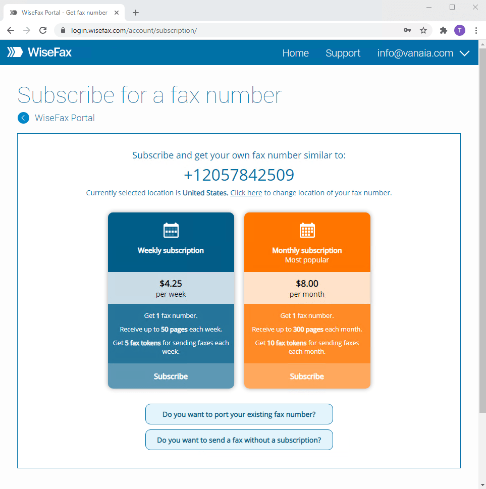 WiseFax short term subscription