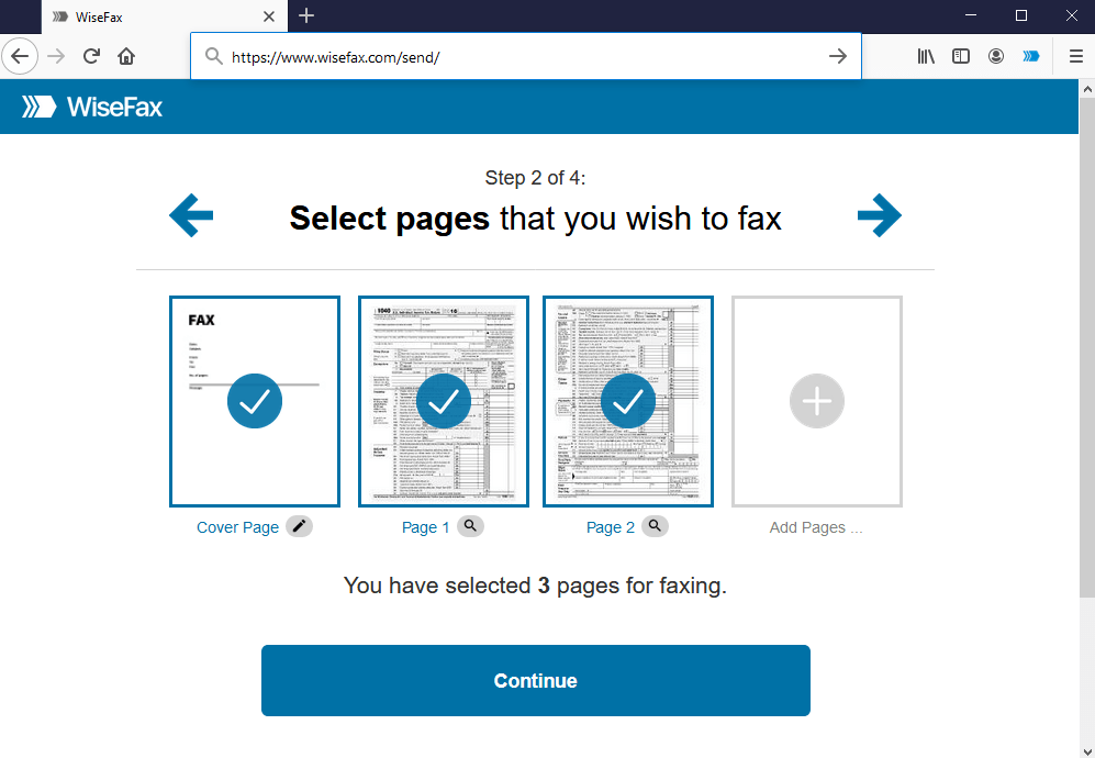 Firefox - Send fax - Select pages for faxing