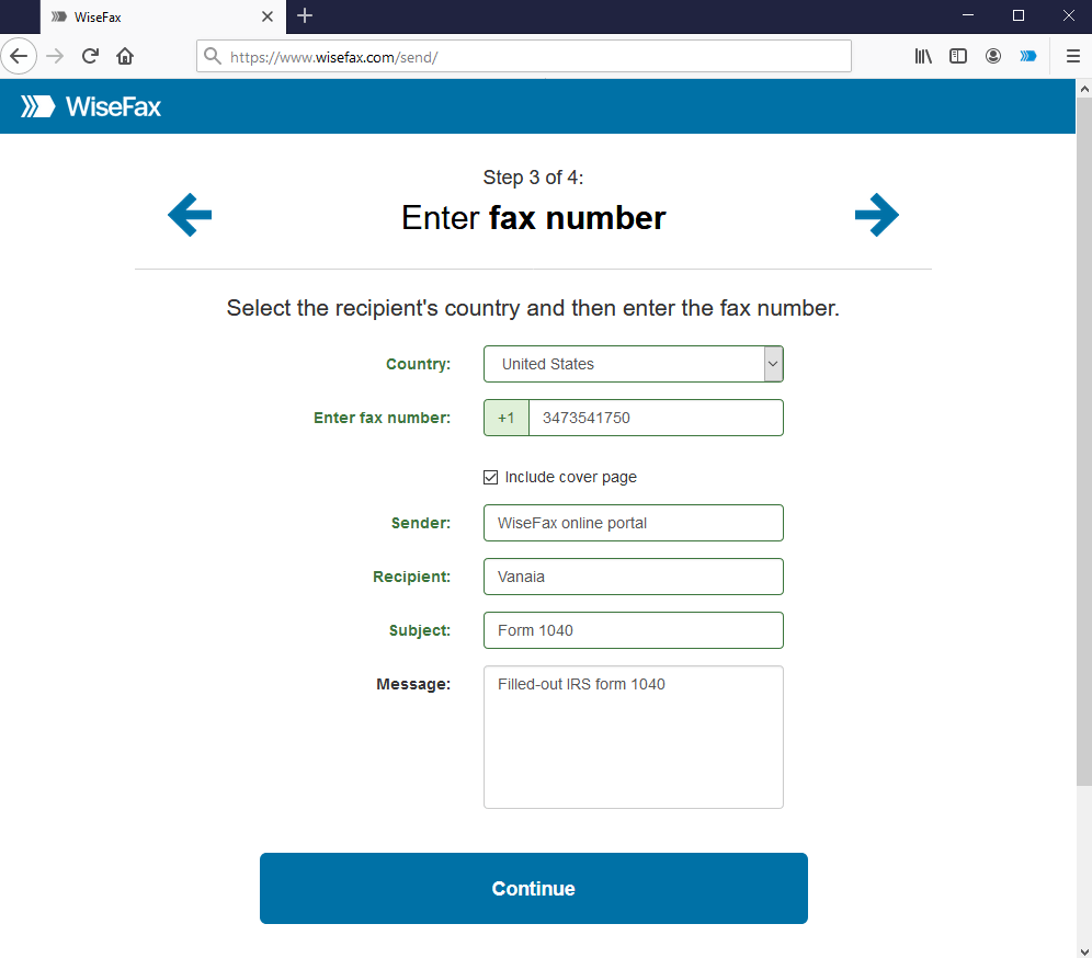 Firefox - Send fax - Enter fax number