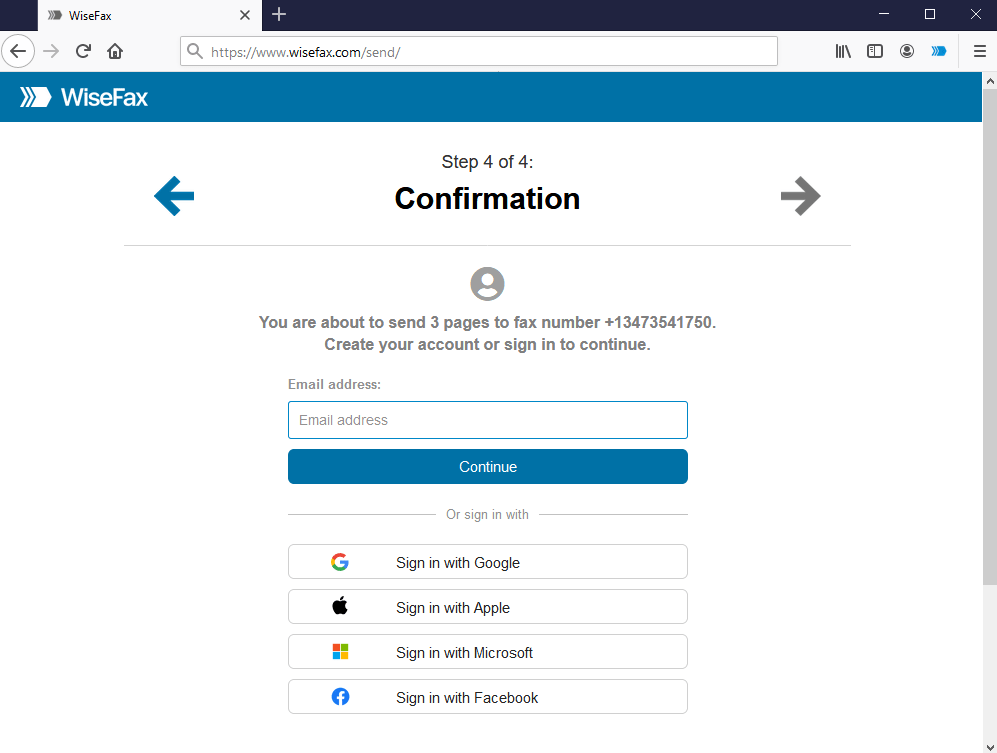 Firefox - Send fax - Confirmation